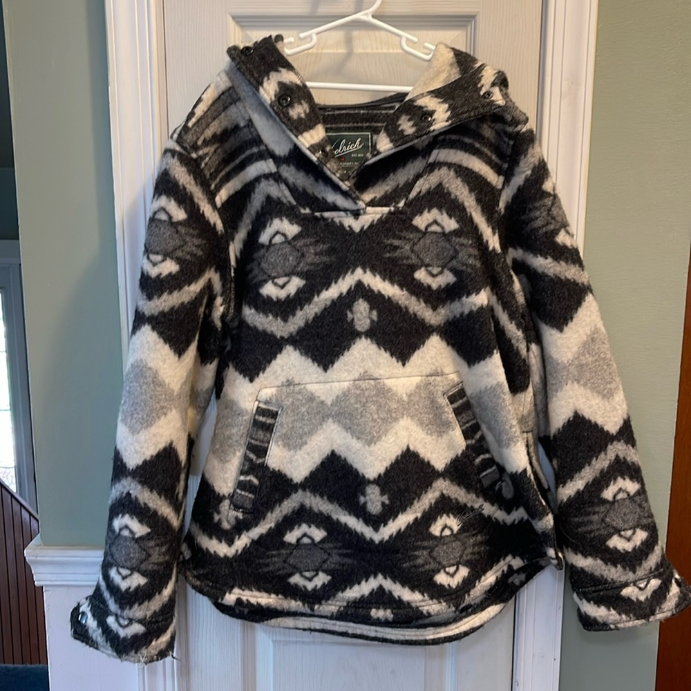 Woolrich hooded coat with snap closure - black and gray geometric print sz. Md